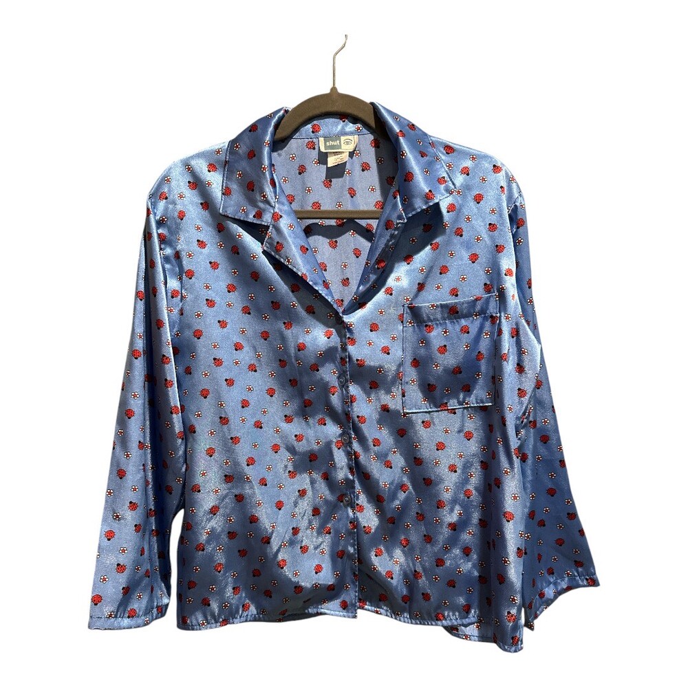 Shut Eye Top Womens Size Large Blue ButtonUp LongSleeve‎ Floral Pattern